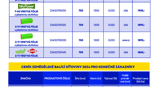 Ceník pro síťoviny a silážní fólie